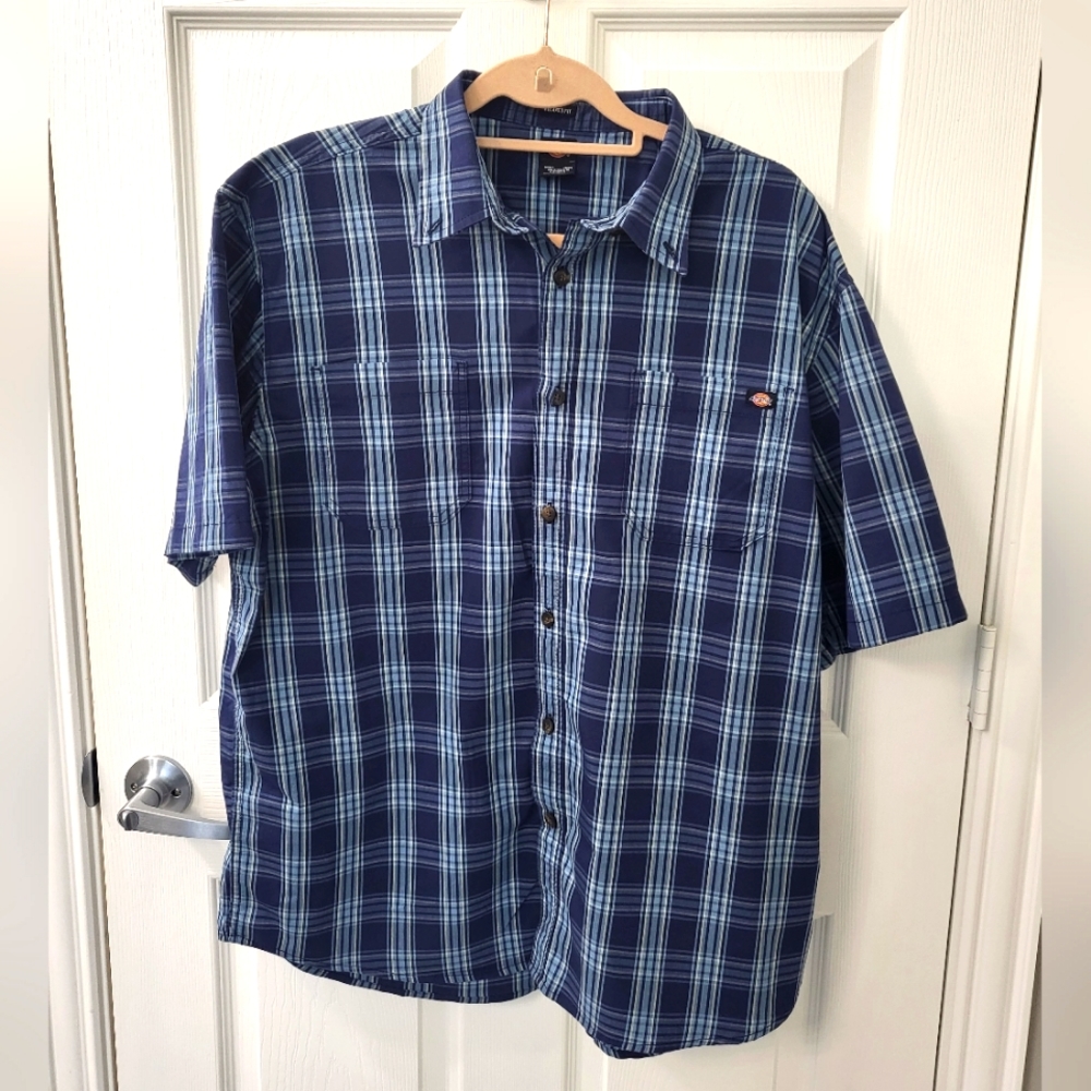 Men's Dickies Short Sleeve Flex Woven Shirt Ink Navy Dusty Blue Plaid